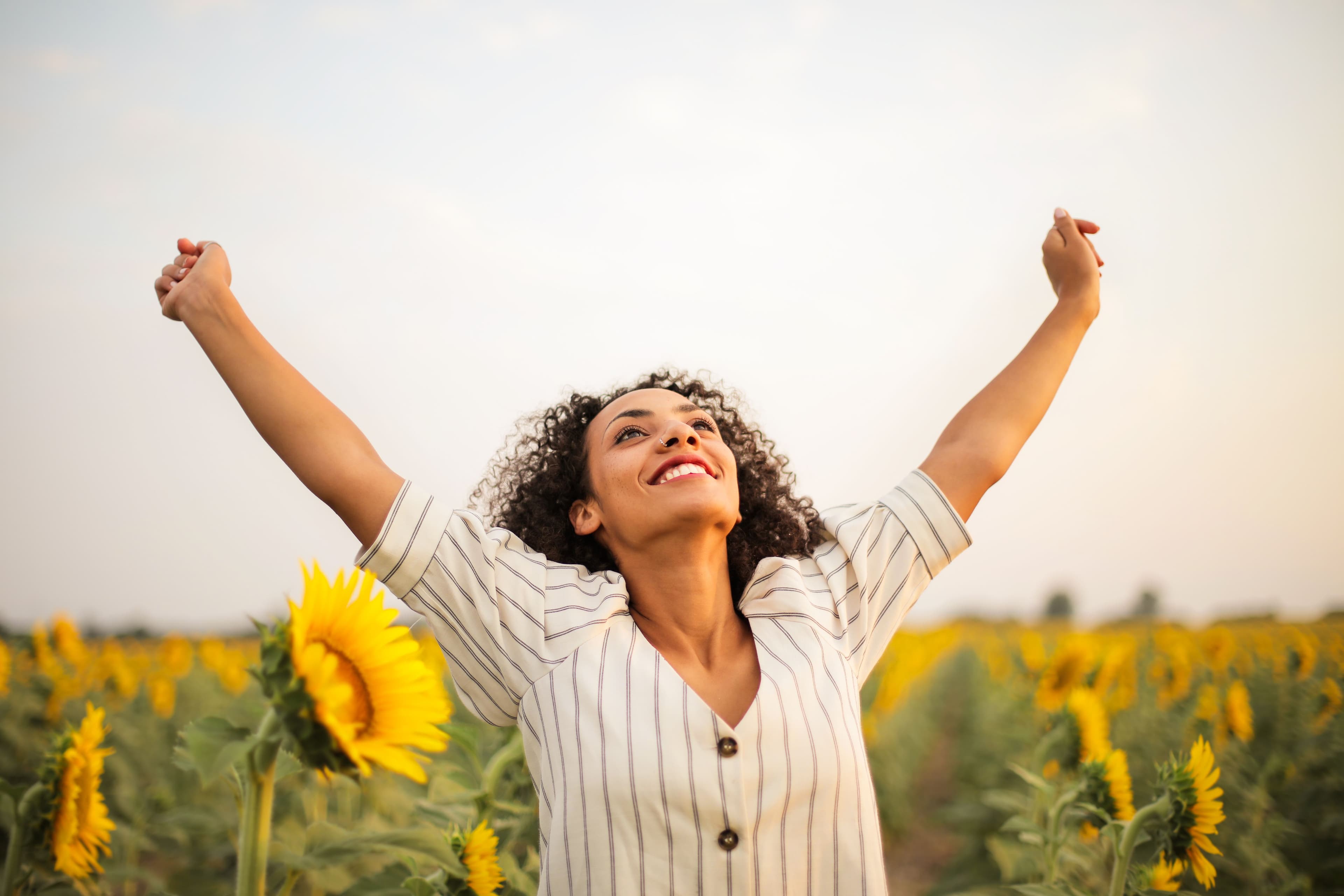 A person celebrating outdoors in a sunflower field, arms raised